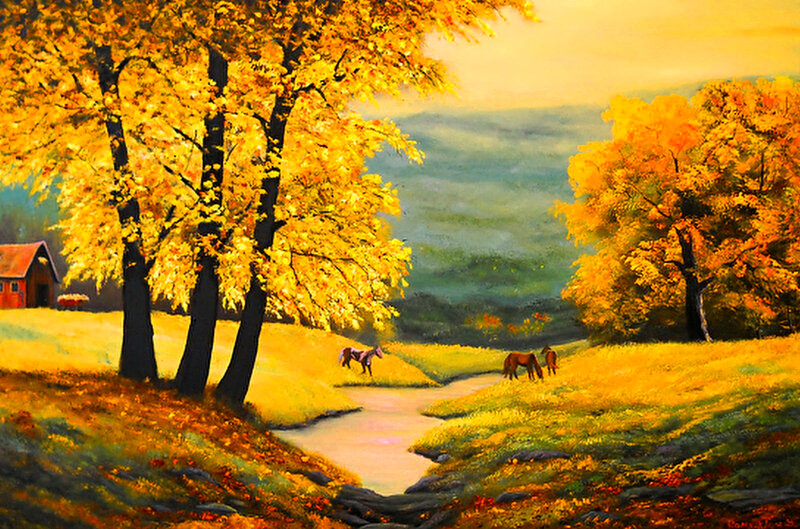 Horses in Autumn Field — Yellow
