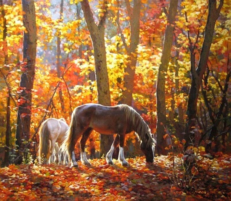 Horses in Autumn Forest