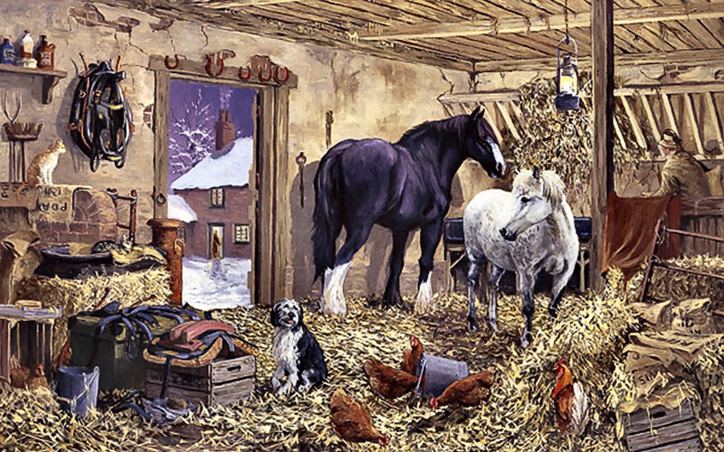 Horses in Barn — Brown