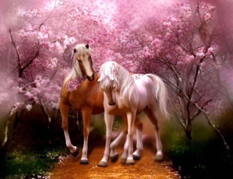 horses in cherry blossom forest