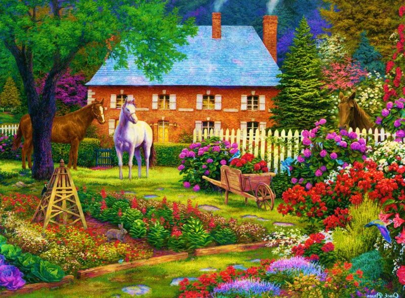 Horses in Garden — Green, Serene
