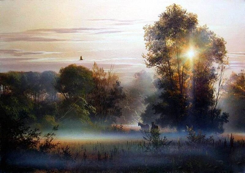 Horses in Misty Field