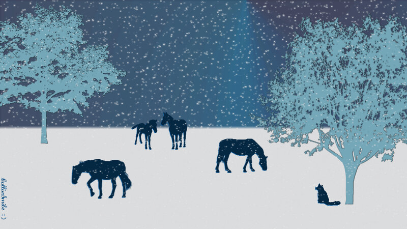 Horses in Snow — Blue, Serene