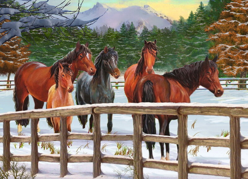Horses in Snowy Field — Brown, Serene, Winter, Painting