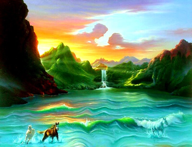Horses in Water — Green