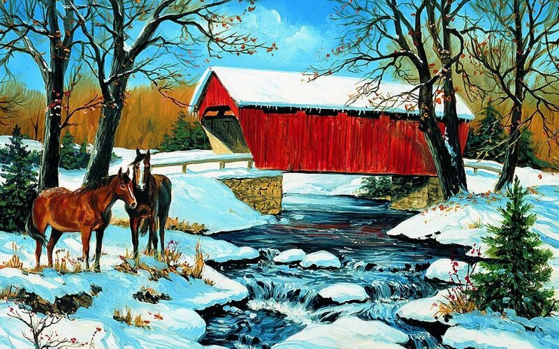 Horses Near Covered Bridge