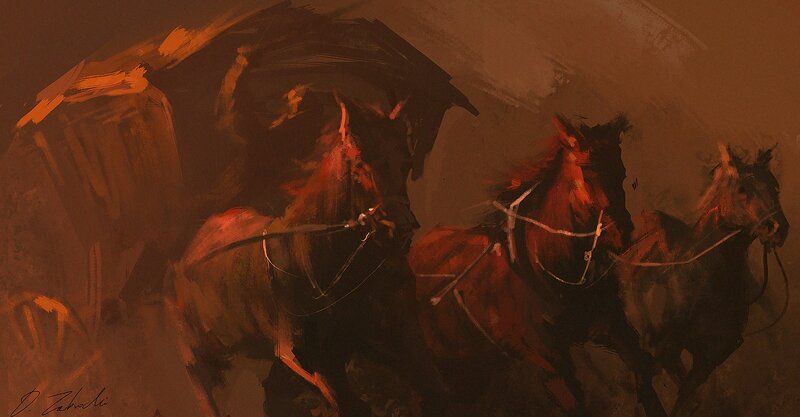 Horses Pulling Carriage — Brown, Dramatic