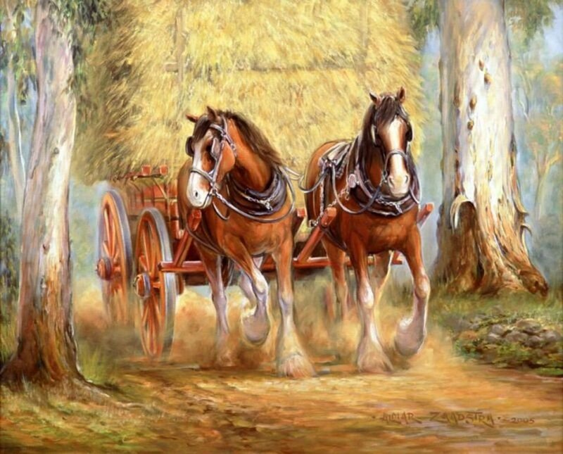 Horses Pulling Cart — Brown, Serene