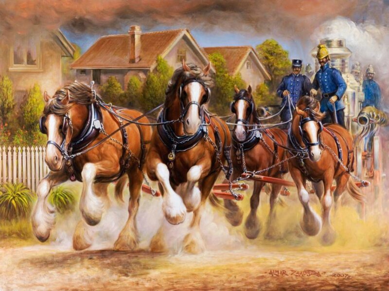 Horses Pulling Fire Engine — Brown