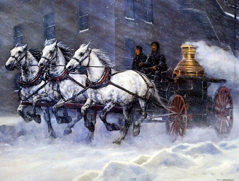 Horses Pulling Fire Engine — White