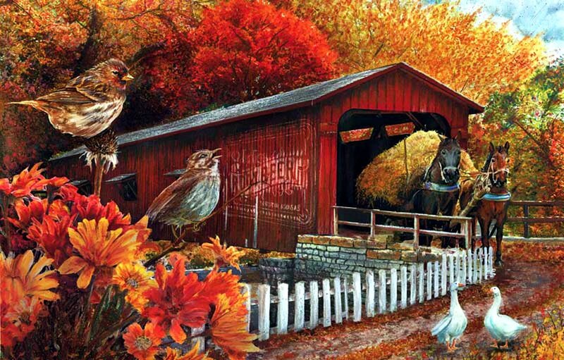 Horses Pulling Hay Cart — Red