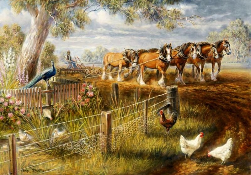 Horses Pulling Plow — Brown