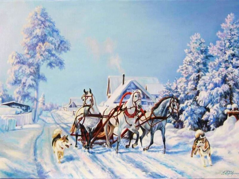 Horses Pulling Sleigh — Blue, Peaceful, Winter, Painting