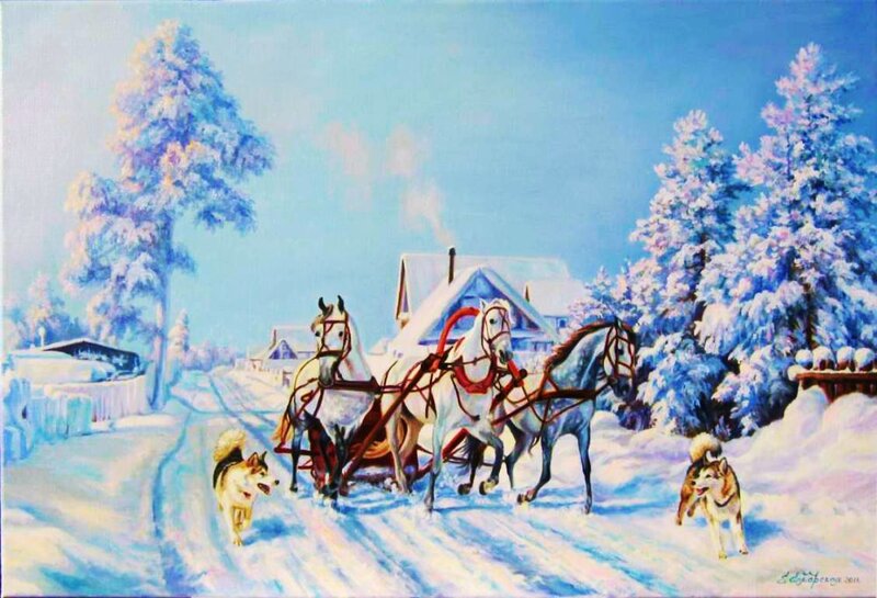 Horses Pulling Sleigh — Blue, Peaceful, Winter