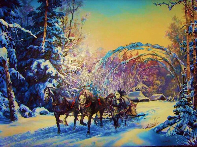 Horses Pulling Sleigh — Blue, Serene
