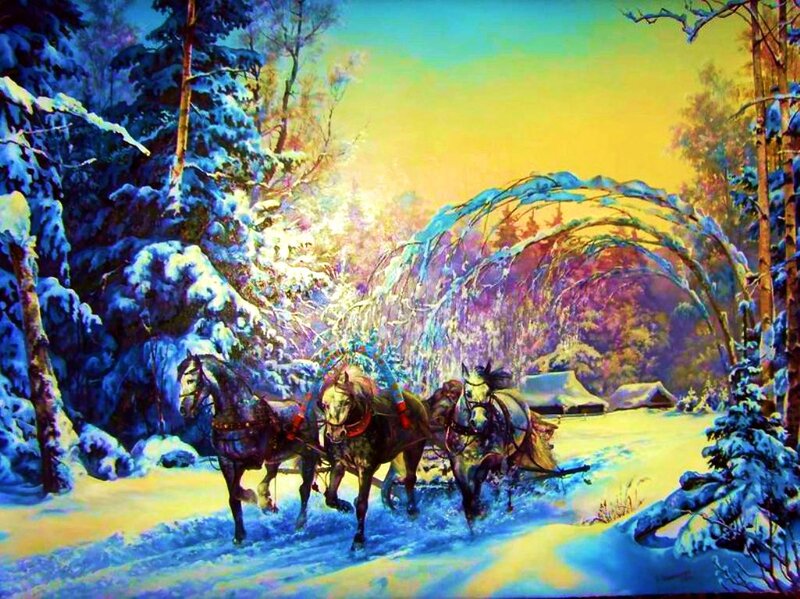 Horses Pulling Sleigh — Blue, Serene, Winter