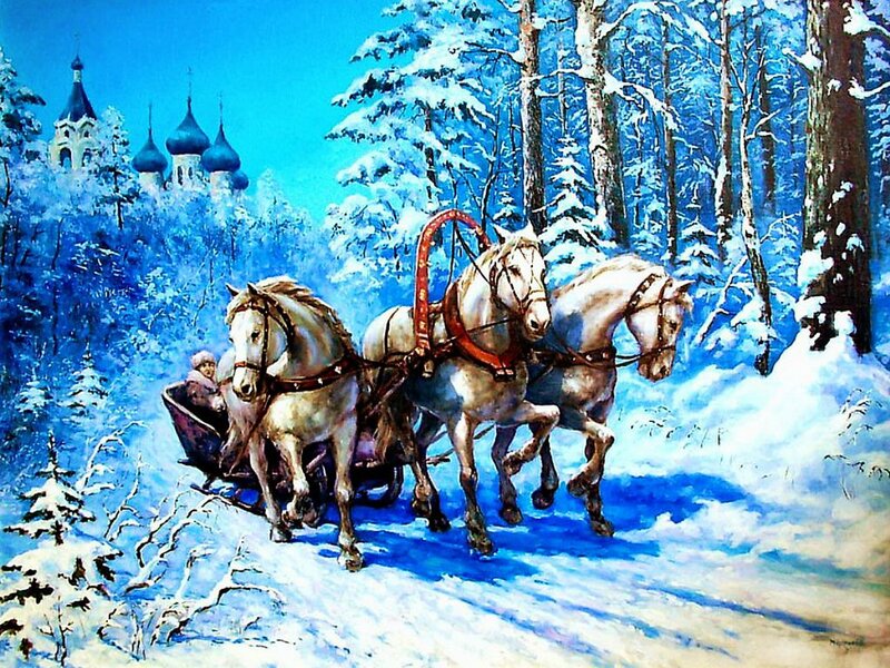 Horses Pulling Sleigh — Blue