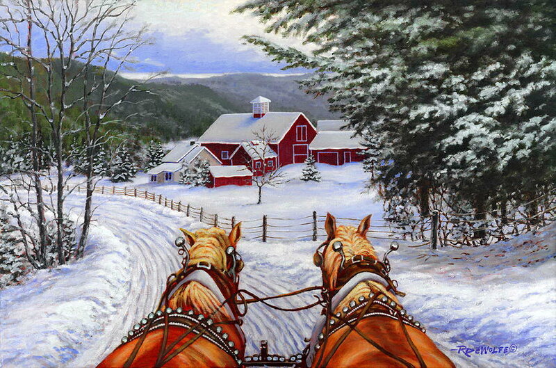 Horses Pulling Sleigh — Red