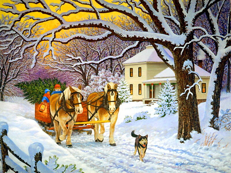 Horses Pulling Sleigh — White, Festive