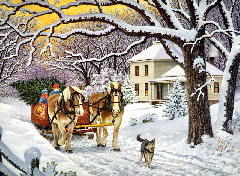Horses Pulling Sleigh — White, Peaceful