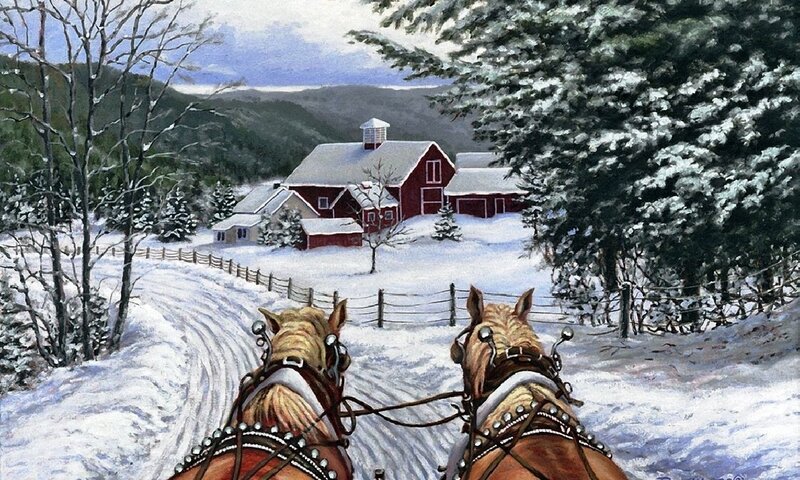 Horses Pulling Sleigh — White, Serene