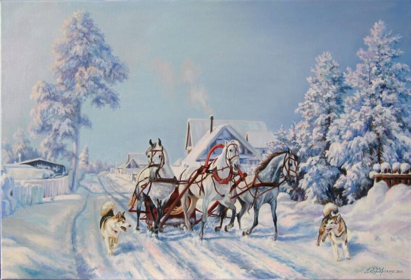 Horses Pulling Sleigh — White