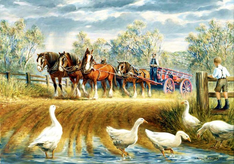 Horses Pulling Wagon — Brown
