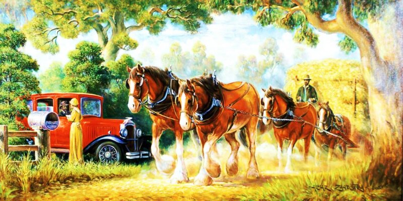 Horses Pulling Wagon — Green