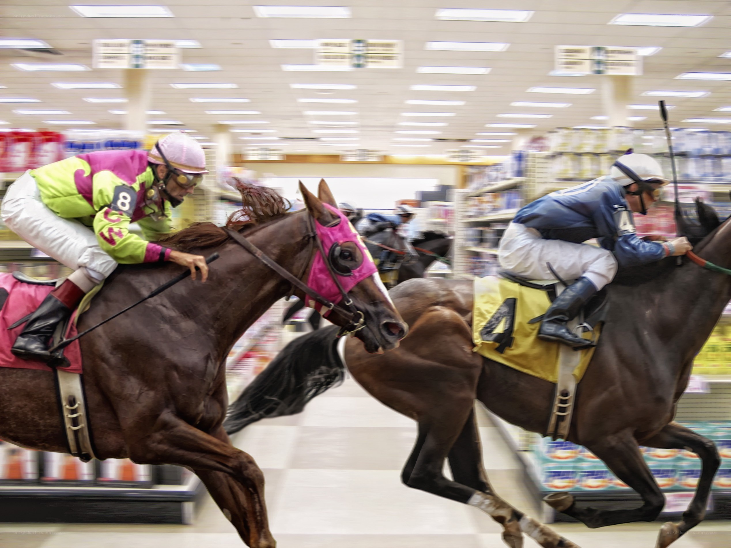 Horses racing in a grocery store