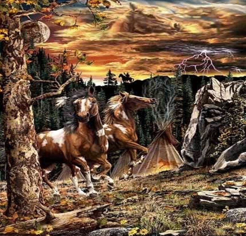 Horses running at sunset