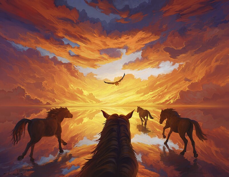 Horses Running at Sunset — Orange, Dramatic, Digital Art