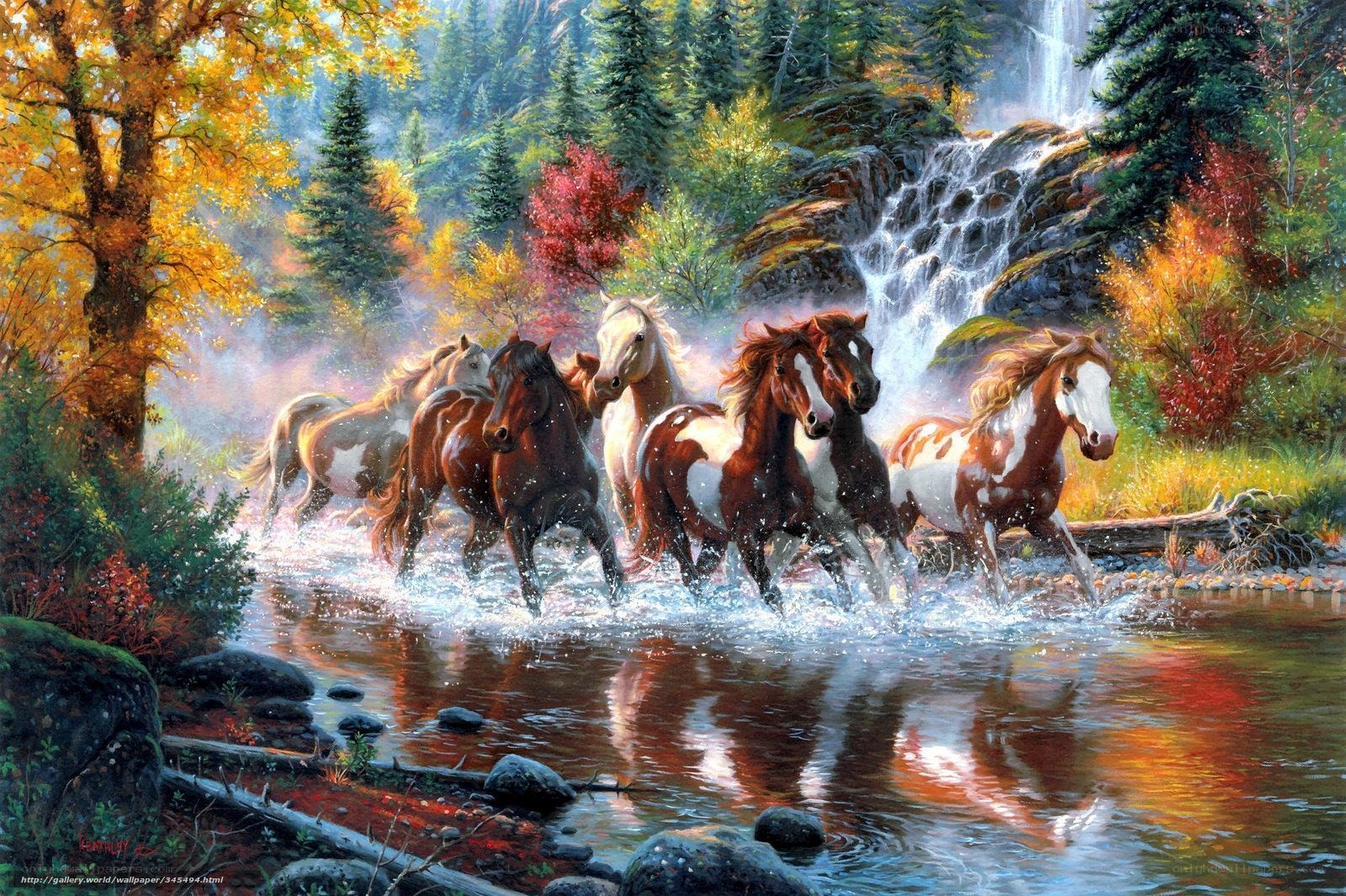 Horses Running by Waterfall