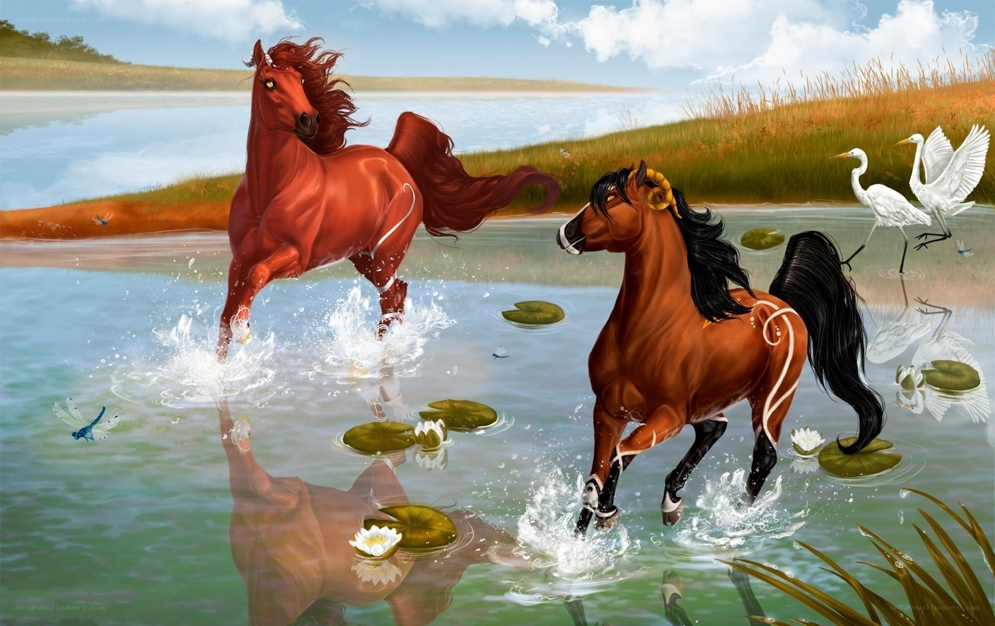 Horses running in a pond