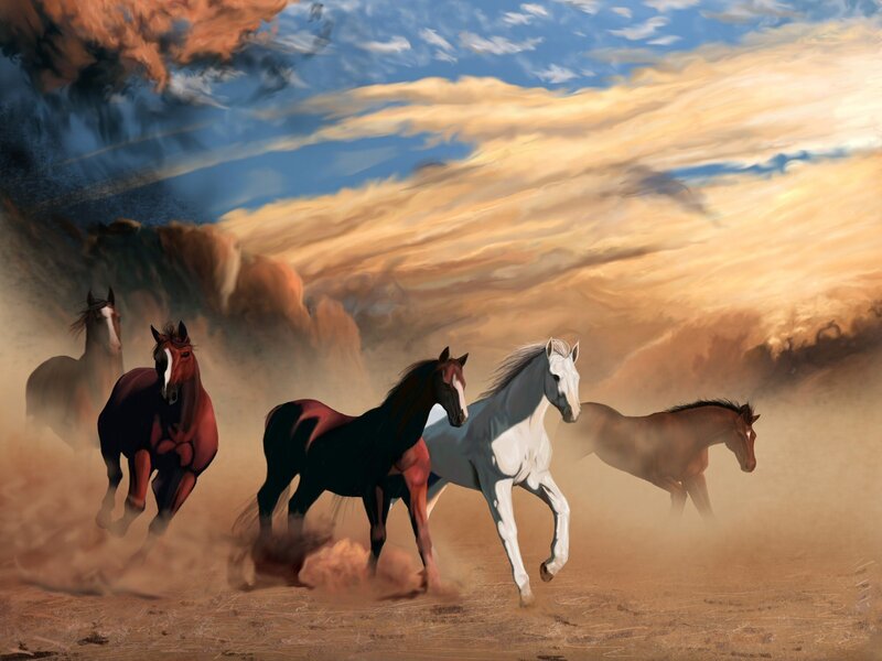 Horses running in dust storm