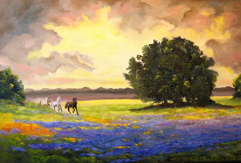 Horses Running in Field — Blue, Serene, Sunset