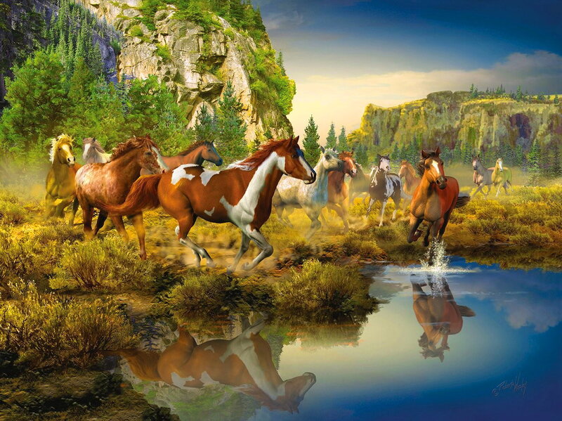 Horses Running in Field — Brown, Dynamic, Afternoon, Digital Art