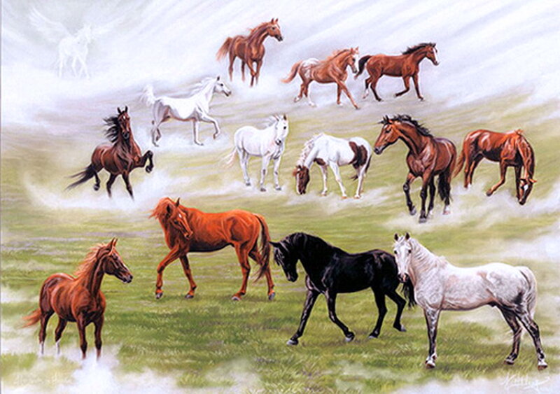Horses Running in Field — Brown, Dynamic, Painting