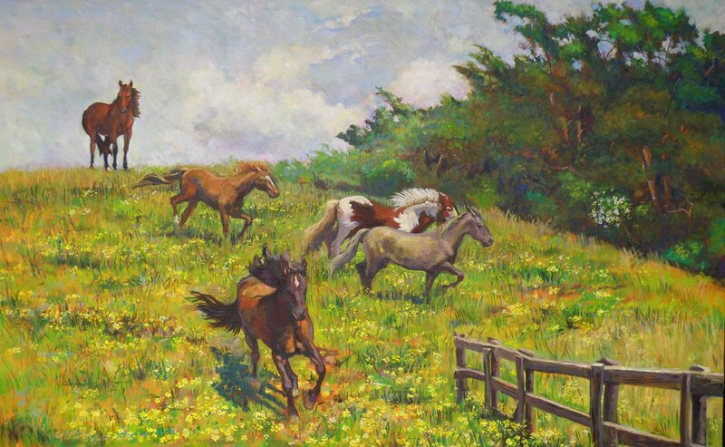 Horses Running in Field — Green, Active