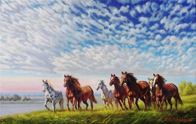 Horses Running in Field — Green, Serene, Afternoon, Painting