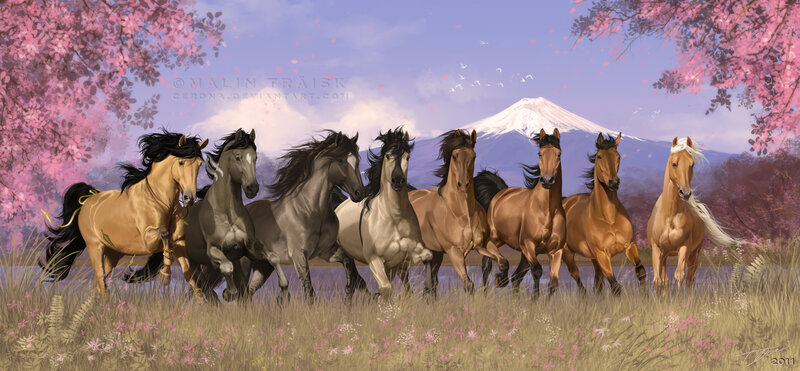 Horses Running in Field — Pink