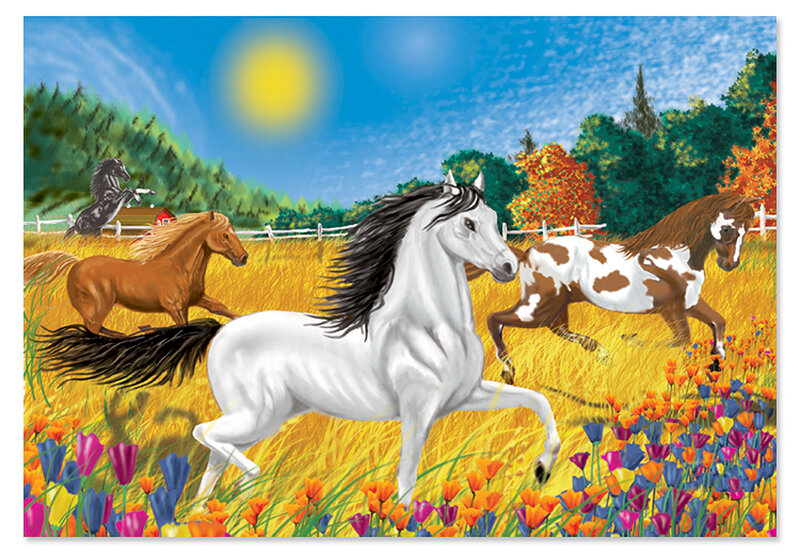 Horses Running in Field — Yellow, Vibrant, Afternoon