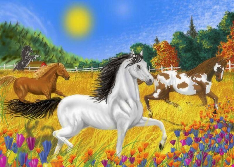 Horses Running in Field — Yellow, Vibrant