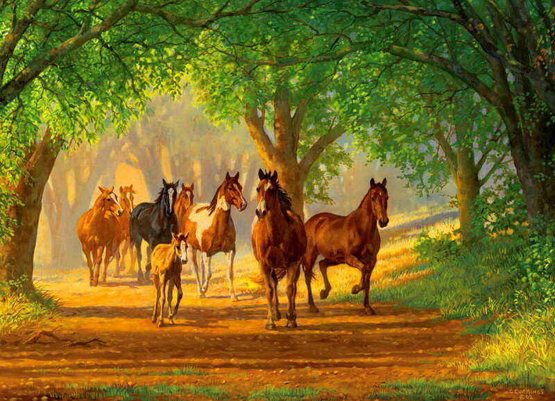 Horses Running in Forest — Green