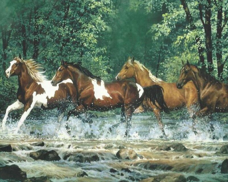 Horses Running in River — Brown, Dynamic, Afternoon