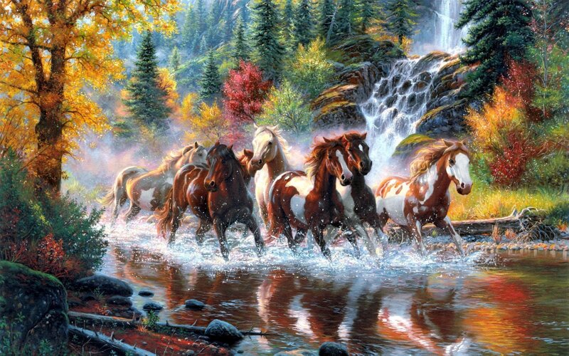 Horses Running in River — Brown, Dynamic, Autumn, Painting