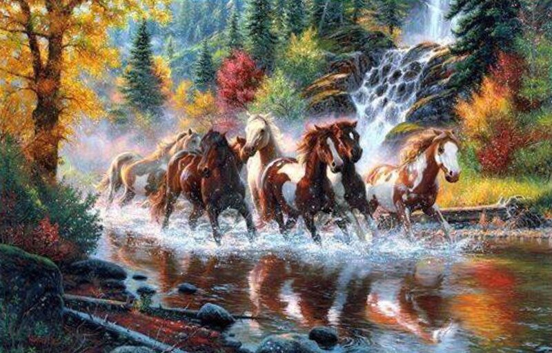 Horses Running in River — Brown, Dynamic, Autumn, Painting, Waterfall