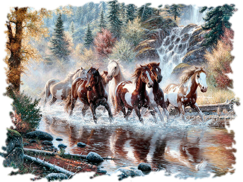Horses Running in River — Brown, Dynamic, Autumn