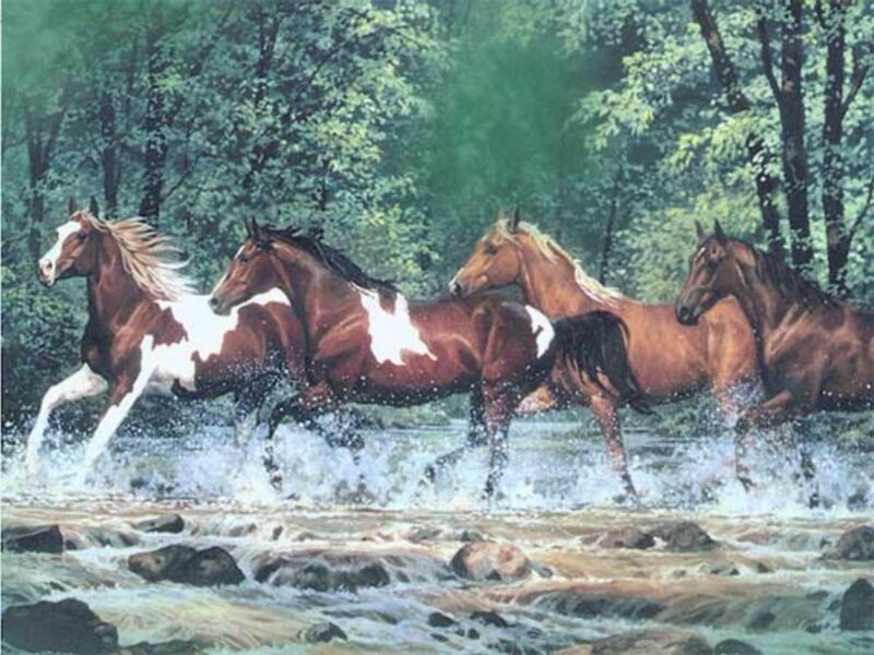 Horses Running in River — Brown, Dynamic, Painting