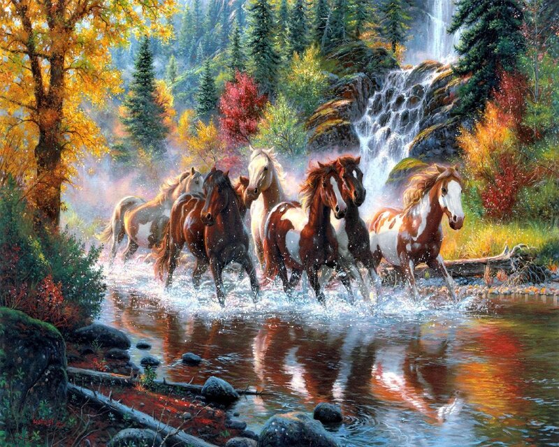 Horses Running in River — Brown, Dynamic