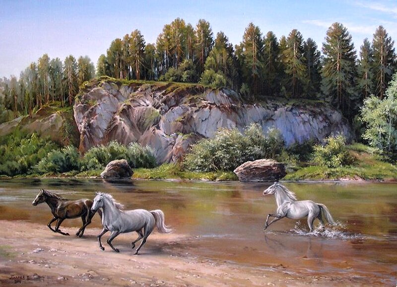 Horses Running in River — Brown, Serene